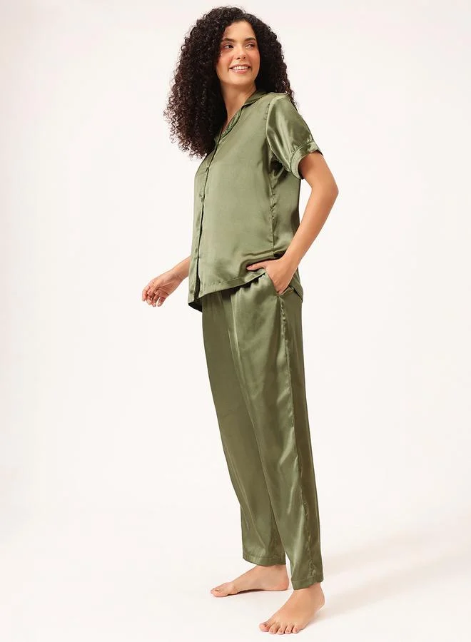 Clovia  Satin Button Down Shirt and Pyjama Set for Women | Best Price UAE